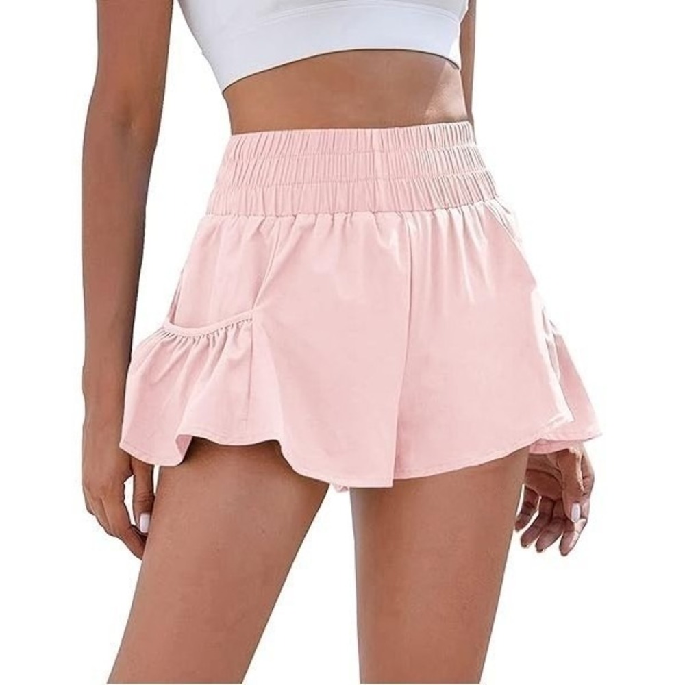 High-Waist Pink Ruffle Athletic Shorts for Women